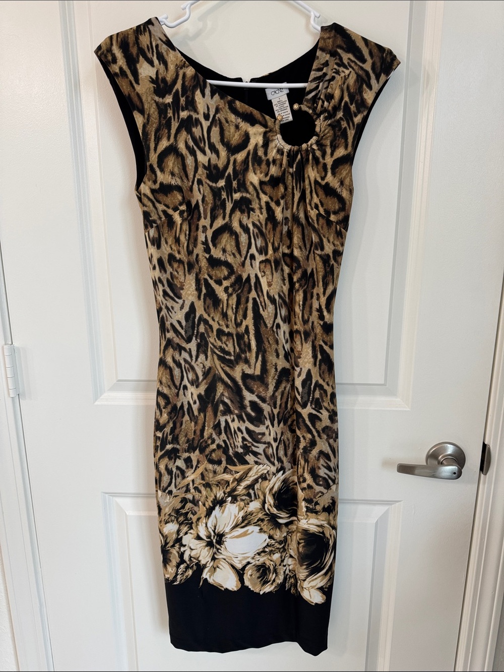 Cache Leopard Print Midi Dress with Floral Hem - Black & Brown